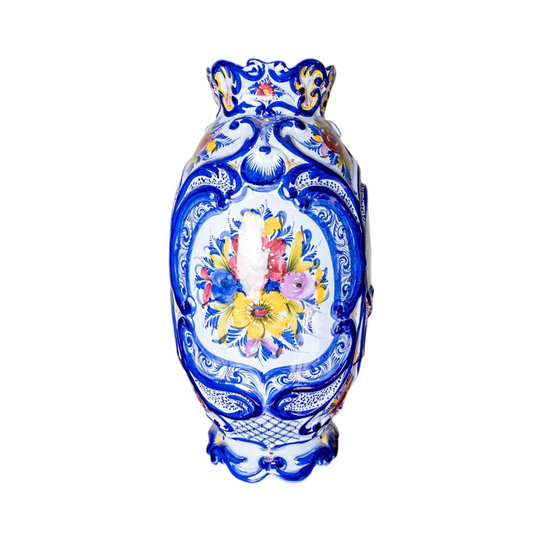 Vintage Large Hand Painted Ceramic Alcobaca Vase Made in Portugal - Stamped: This Vintage Large Hand-Painted Ceramic Alcoba?a Vase, made in Portugal, is a stunning example of traditional Portuguese craftsmanship. Featuring intricate hand-painted floral motifs in vibrant colors