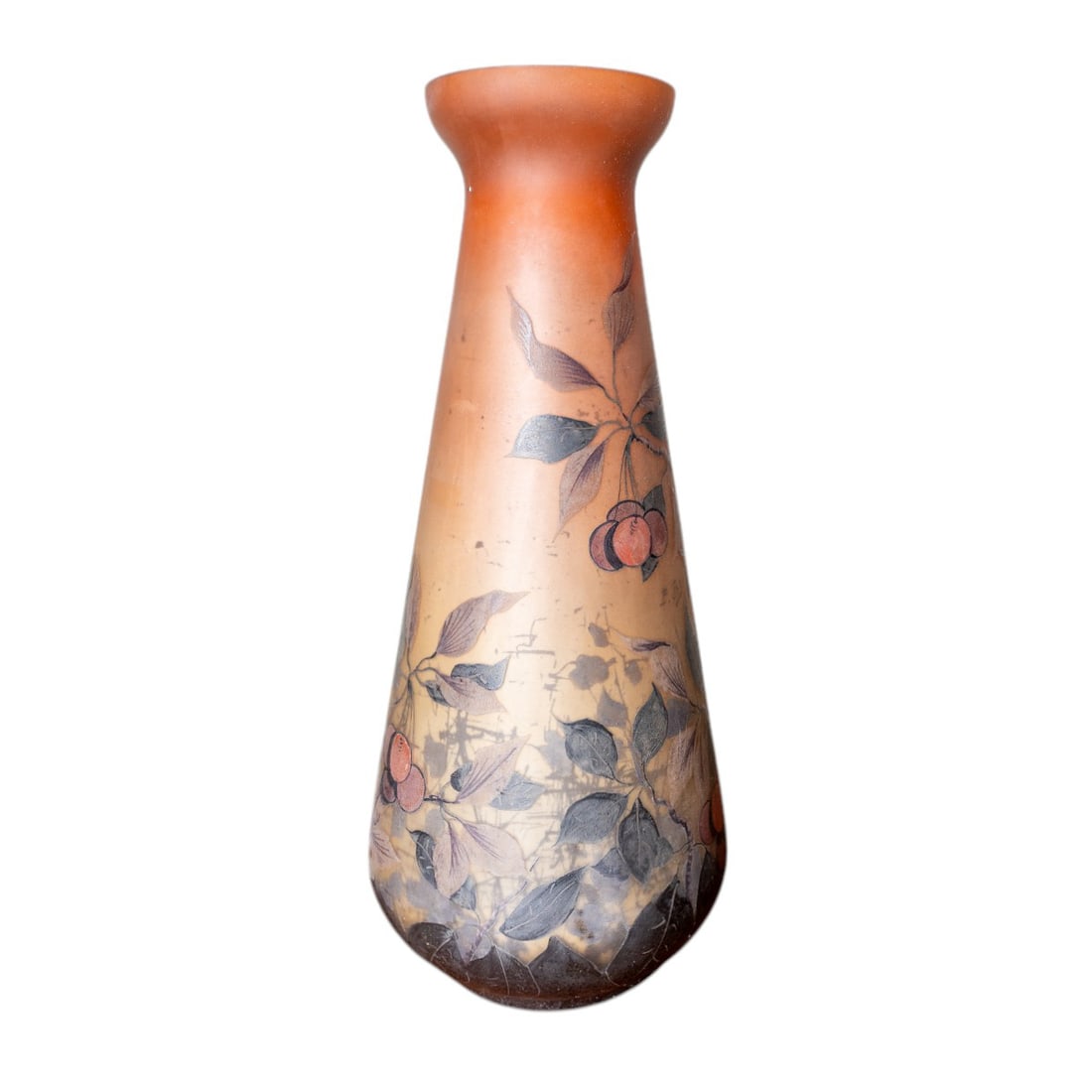 Art Nouveau Double Vverlay Cameo Glass Fern Vase Signed by P. Jasy - Emile Galle Style: This exquisite Overlay Cameo Glass Fern Vase, signed by P. Jasy in the ?mile Gall? style, is a masterpiece of Art Nouveau craftsmanship. Featuring intricate fern motifs and delicate layered glasswork,