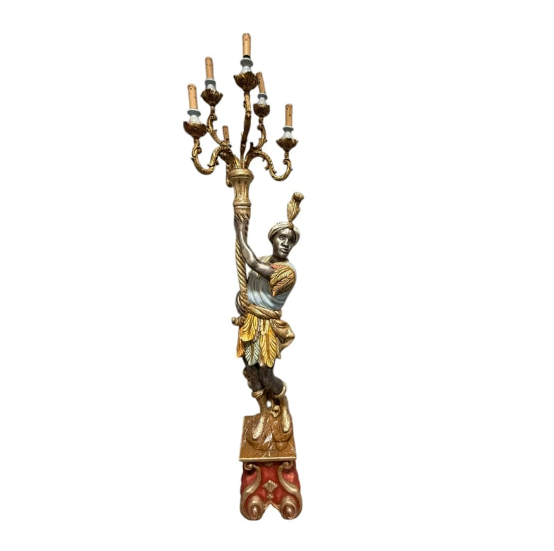 Late 19thC Italian Gilded Wood Venetian Blackamoor Figural Torch Candelabra 6-Arm Light Floor Lamp: A striking Late 19th Century Italian Gilded Wood Venetian Blackamoor Figural Torchre Candelabra 6-Arm Light Floor Lamp. Standing 88 inches (223.5 cm) high and 22 inches (55.8 cm) long, this finely car