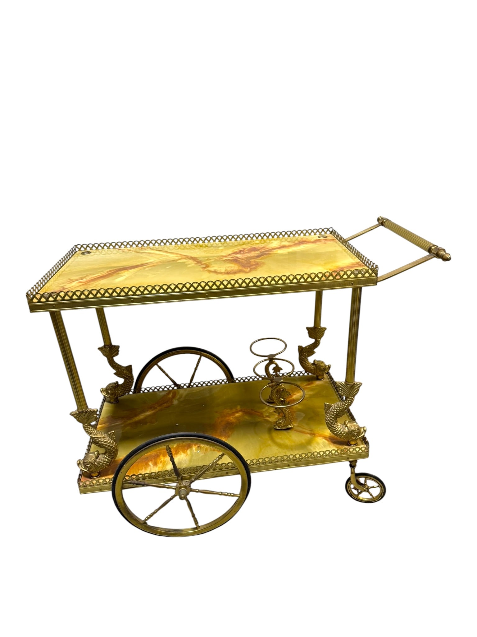 Art Deco 1950s Early 20th C Top Onyx s Vintage Brass Koi Fish 2 tier Serving Bar Push Cart: Art Deco 1950s Early 20th C Top two-tier serving bar cart features an elegant onyx top and lower shelf, supported by beautifully cast brass koi fish motifs and a sculptural brass frame. Its refined de