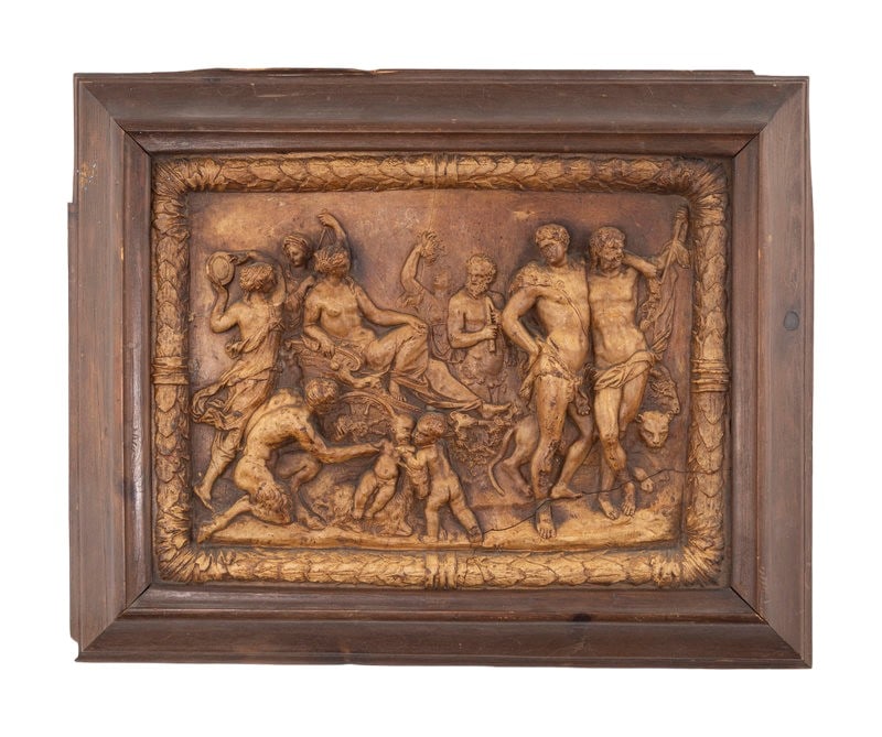 18th Century French-Greek Terracotta Plaque Relief Depicting the Triumph of Ariadne: This stunning rare 18th-century French terracotta plaque relief depicts the Triumph of Ariadne, a poignant mythological scene where Ariadne is celebrated for her union with the god Dionysus. Crafted w