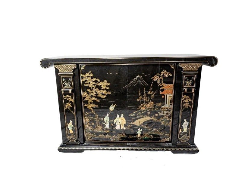 Antique Japanese Black Lacquer Gloss & Mother of Pearl Inlay Credenza Commode Hand Painted Cabinet: This exquisite Antique Japanese Black Lacquer Credenza/Commode Cabinet showcases exceptional craftsmanship with a high-gloss finish and intricate mother-of-pearl inlay, beautifully hand-painted with t