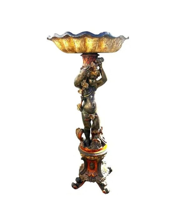 19th Century Hand Carved Italian Baroque Style Cherub Putti and Grapevine Shell Fountain Figural: This exquisite Original 19th Century hand-carved Italian Baroque-style figural features cherub putti surrounded by a grapevine garland and a beautifully colored shell fountain. Intricately detailed, t