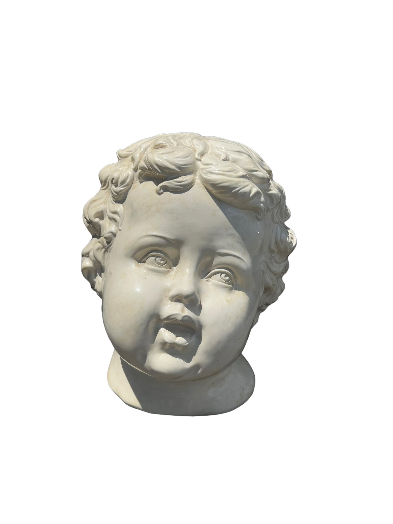Mid-20th Century Ceramic Clay Italian Putto Cherub Head Bust ( LARGE ): Enhance your space with this large stunning mid-20th century ceramic clay Italian Putto cherub head bust. This beautifully crafted piece captures the delicate features and playful essence of a cherub,