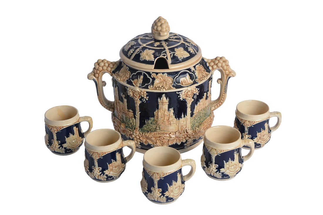 Vintage German Castle Stoneware Punchbowl Tureen Set with 5 Mugs - WW Germany: Add a regal touch to your gatherings with our Vintage German Castle Stoneware Ceramic Punchbowl Tureen Set. Stamped "WW" on each piece, this set exudes authenticity and charm. The punchbowl boasts a h
