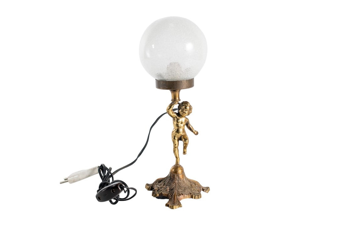 Antique Spelter Brass French Cherub Lamp with White Glass Globe: Antique Spelter Brass Cherub Lamp featuring a delicate dancing ballerina figure and a classic white glass globe shade. This exquisite lamp is perfect for those who appreciate timeless beauty and uniqu