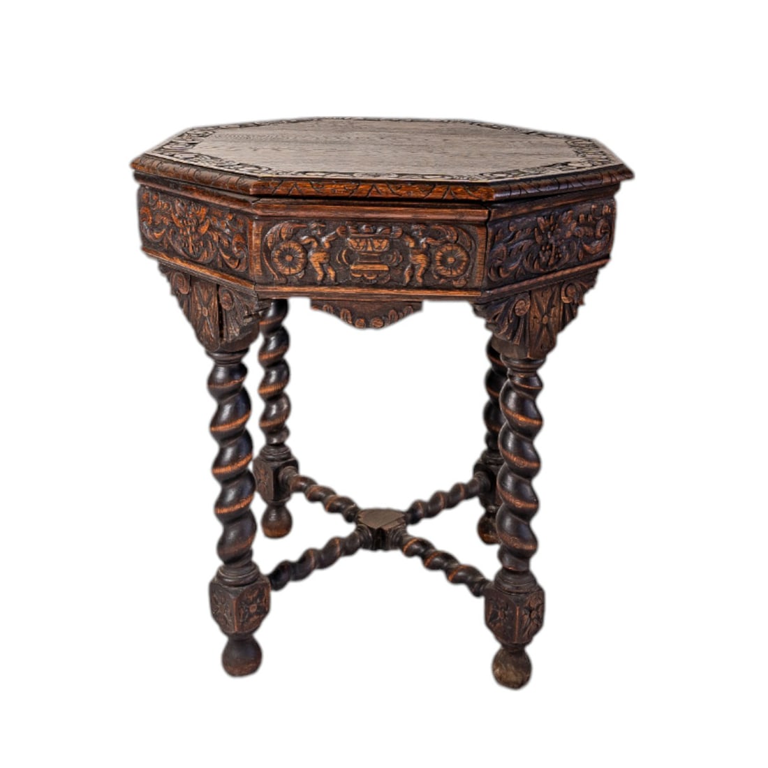 Antique French Renaissance Octagon Sofa Hand Carved Oak Barley Twist Renaissance Pedestal Table: This Antique French Renaissance Octagon Sofa Table is a stunning example of fine craftsmanship and classic design. Made from solid hand-carved oak, it features an intricately detailed barley twist ped