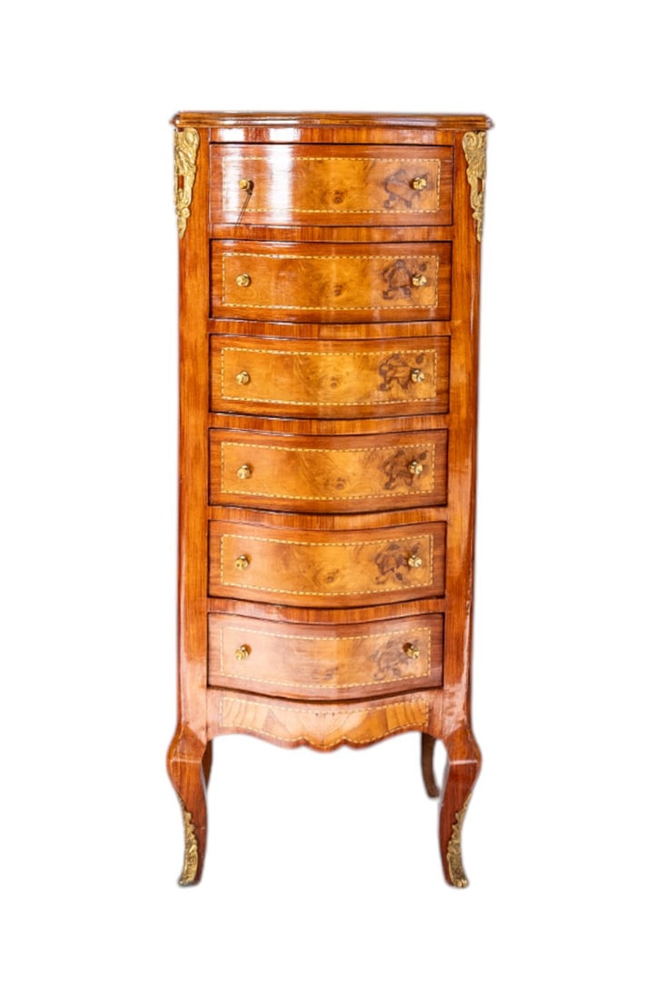 Original 19th Century Antique French Louis XV Handcarved Walnut 6 Drawer Lingerie Marquetry Gilt: Original 19th Century Antique French Louis XV Hand-Carved Walnut Lingerie Chest is a stunning display of elegance and craftsmanship. Featuring six drawers, exquisite marquetry inlay, and gilt bronze a