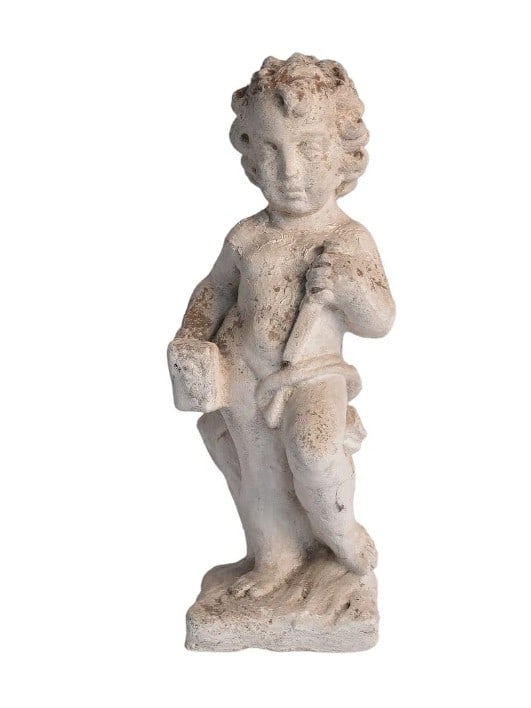 18th Century Limestone Boy Figural Garden Sculpture Holding Hammer and Railroad Nail Spike: Embrace timeless charm with this 18th Century Limestone Boy Figural Garden Sculpture Holding Hammer and Railroad Nail Spike, it exudes artistic allure. Standing at 20.5" in height and measuring 8.0" i