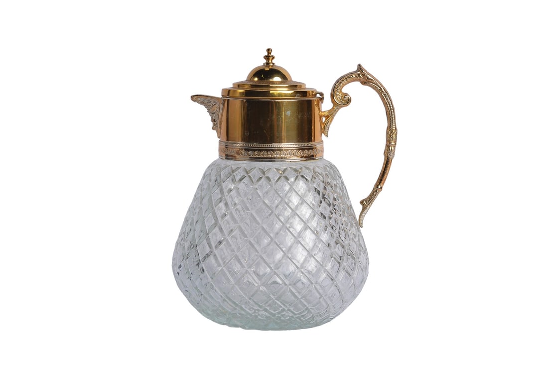 19th Century Antique French Gold Plated Metal Glass Double Chambered Decanter Pitcher: Elevate your dining experience with this Antique French Gold Plated Metal Glass Double Chambered Decanter Pitcher. Crafted with exquisite detail, it exudes old-world charm and sophistication. The gold