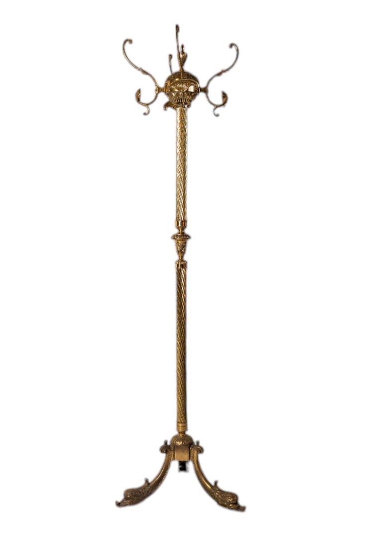 Early 20th Century Italian Hollywood Regency Brass Standing Coat Rack with Koi Fish Base: This stunning early 20th-century Italian Hollywood Regency brass coat rack exudes elegance and sophistication. Featuring an ornate koi fish base, it showcases exquisite craftsmanship and symbolic desi
