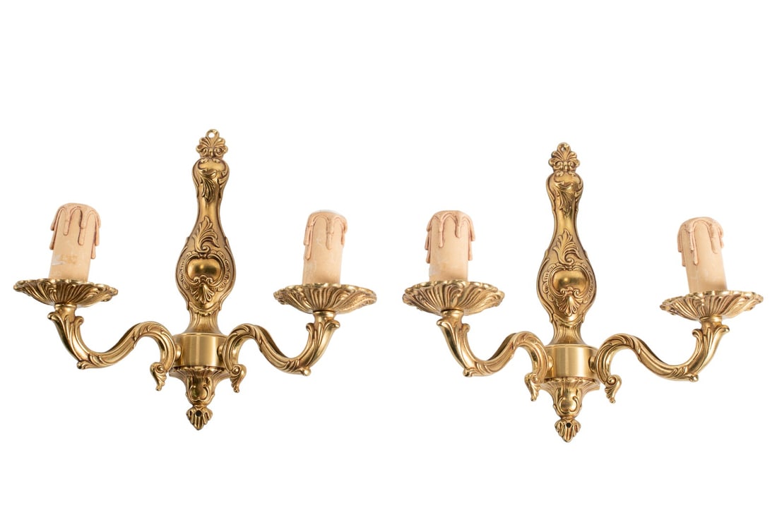 Original Antique Italian Two Branch Candelabras Brass Wall Scone Lights - 1900c: A stylish pair of antique original Italian candle sconces dating from early 1900s. They have been cast from solid brass metal and feature a classic Italian design with leaf decorations and urn motifs.