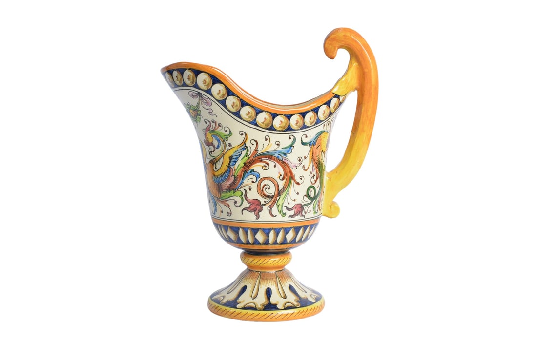 Antique Portugal Italian Ceramic Large Faience Serving Pitcher Pottery: Antique Portugal Italian Ceramic Large Faience Serving Pitcher, adorned with the initials "ZZ D" No. 41. Crafted with meticulous detail, it exudes timeless charm and sophistication. Measuring 6.0 inch