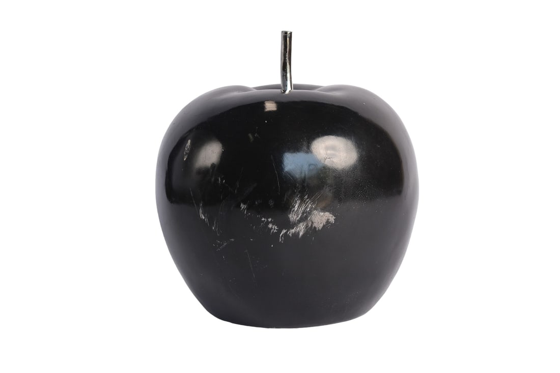 Art Deco Minimalistic Apple Sculpture: Art Deco Minimalistic Glazed Black Apple Sculpture. Crafted with attention to detail, this eye-catching piece features a charming pear motif in vibrant red, reminiscent of the Art Deco era. Standing a