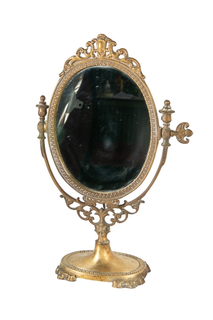 19th Century Antique Art Nouveau Ornate Victorian Brass Pedestal Vanity Mirror: 19th Century Antique Art Nouveau Ornate Victorian Brass Pedestal Vanity Mirror exudes timeless elegance. Crafted with intricate detailing, the brass frame features delicate floral and scroll motifs, r