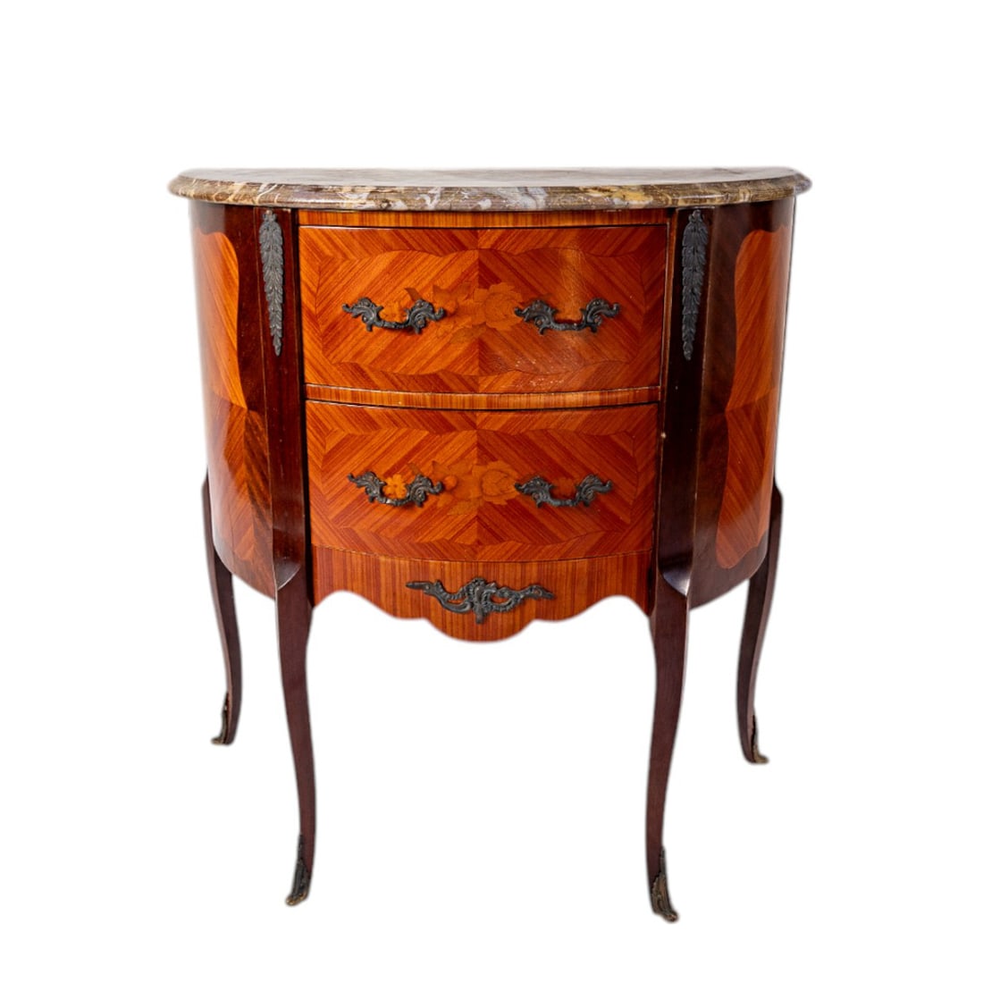 Antique Late 19th Century French Louis XVI Demi Lune Marquetry Walnut Inlaid Side Table Marble Top: This stunning Antique Late 19th Century French Louis XVI Demi-Lune Side Table is a masterpiece of craftsmanship and elegance. Featuring exquisite marquetry inlay and a gracefully curved demi-lune shap