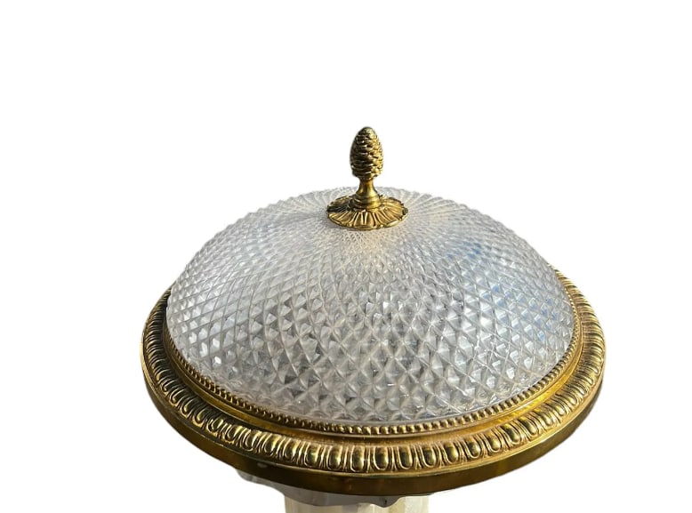 Antique French Regency Gilt Bronze & Cut Crystal Flush Mount 3 Light #2: This stunning antique French Regency gilt bronze and cut crystal flush mount light features three elegant lights, radiating sophistication and charm. With a diameter of 14" and a height of 6" (35.6 cm