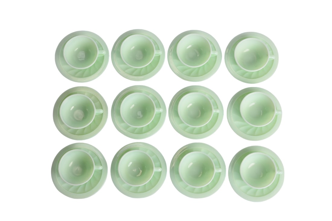 Mid Century Set of 12 Green French Opaline Uranium Glass Coffee Cups - Made in France - 1950c: Indulge in French elegance with this Vintage Set of 12 Green Opaline French Uranium Glass Coffee Cups. Crafted in France, these cups exude timeless charm and sophistication. The opaline glass, in a vi