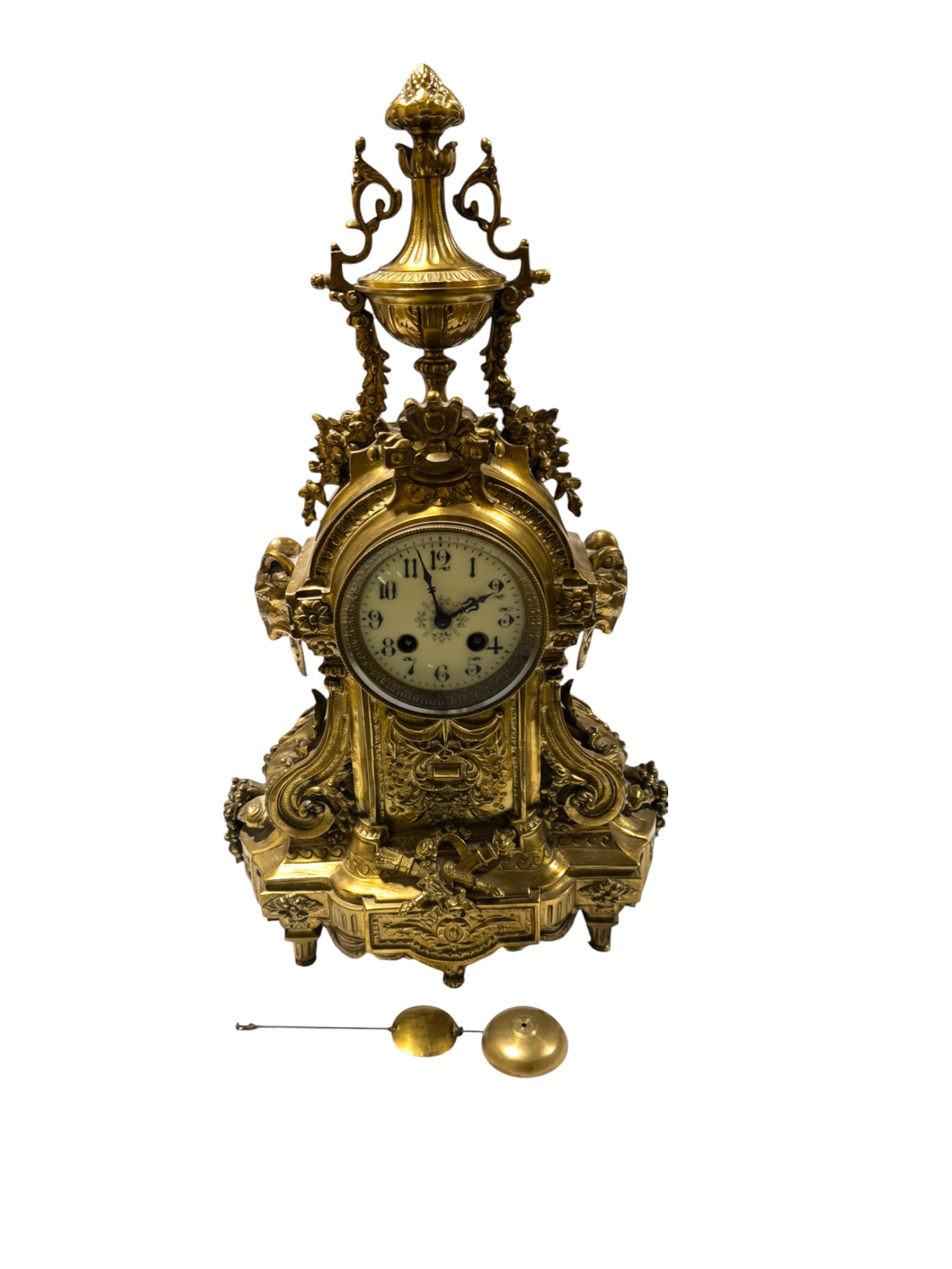 Antique Early 1900s French Brass Rococo Mantel Clock Ornate Baroque Gilded Table Clock: This Antique Early 1900s French Brass Rococo Mantel Clock features an ornate Baroque-inspired design with flowing curves, rich gilded accents, and finely cast detailing typical of the period. Its eleg