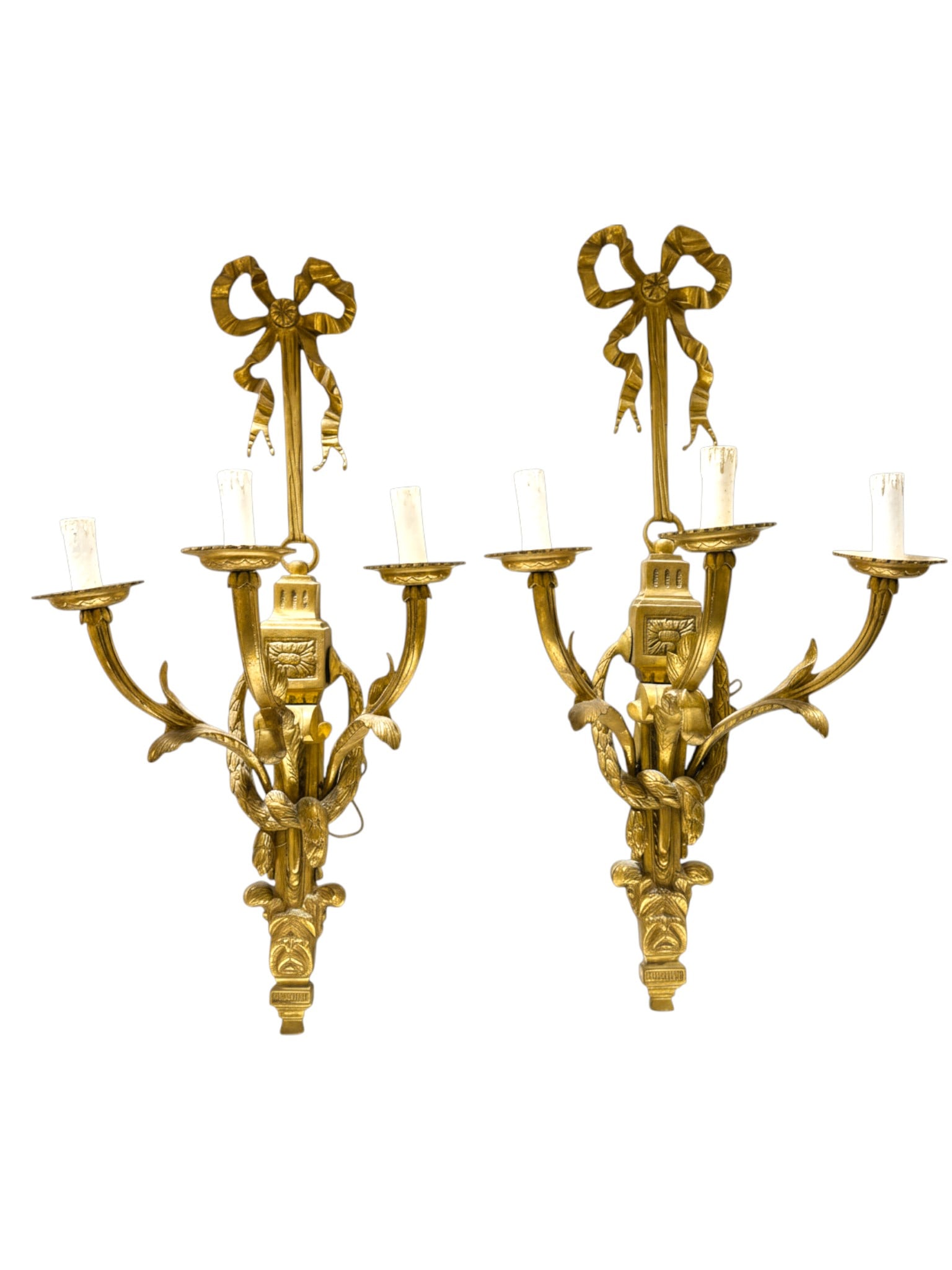 XL Original 19th-Century Louis XVI Gilded Pure Bronze Two-Arm Wall Sconces: These 19th-Century Louis XVI gilded pure bronze two-arm wall sconces embody the refined elegance of classical French design. Each sconce features beautifully cast bronze with intricate acanthus leaves