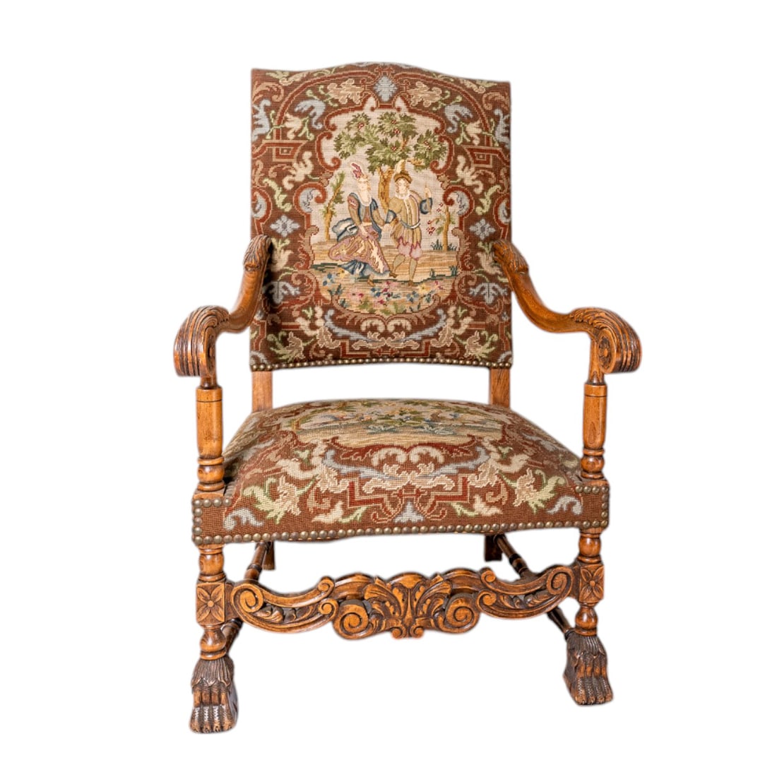 19th French Regency Style Needlepoint Upholstered Walnut Fauteuil Armchair: This 19th Century French Regency Style Needlepoint Upholstered Walnut Fauteuil Armchair is a stunning example of refined craftsmanship and timeless elegance. Featuring a beautifully hand-carved walnut