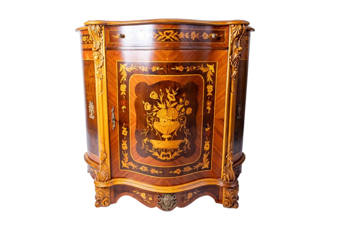 Napoleon III Style Rosewood Sideboard Commode Gilt Bronze Trim Veneer Cabinet with Marble Top with: This Napoleon III Style Rosewood Sideboard Commode, circa 1900, showcases exquisite gilt bronze trim, rich veneer detailing, and a luxurious marble top. Elegantly crafted, it retains its original key,