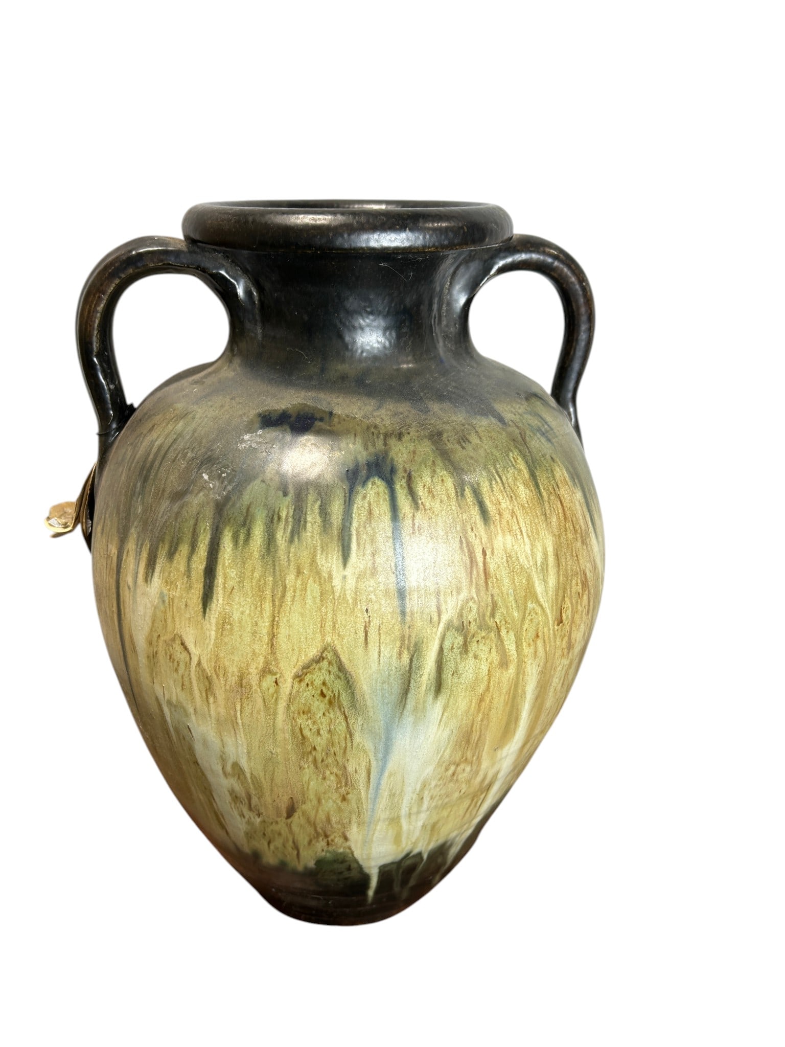 Antique Roger Guerin Studio (1896–1954) Boufioulx Stoneware Art Pottery Drip Glaze Amphora Vase: A striking antique Roger Guerin Studio (1896–1954) stoneware art pottery amphora vase from Boufioulx, featuring an elegant twin-handled form with richly textured drip glaze decoration in earthy oliv
