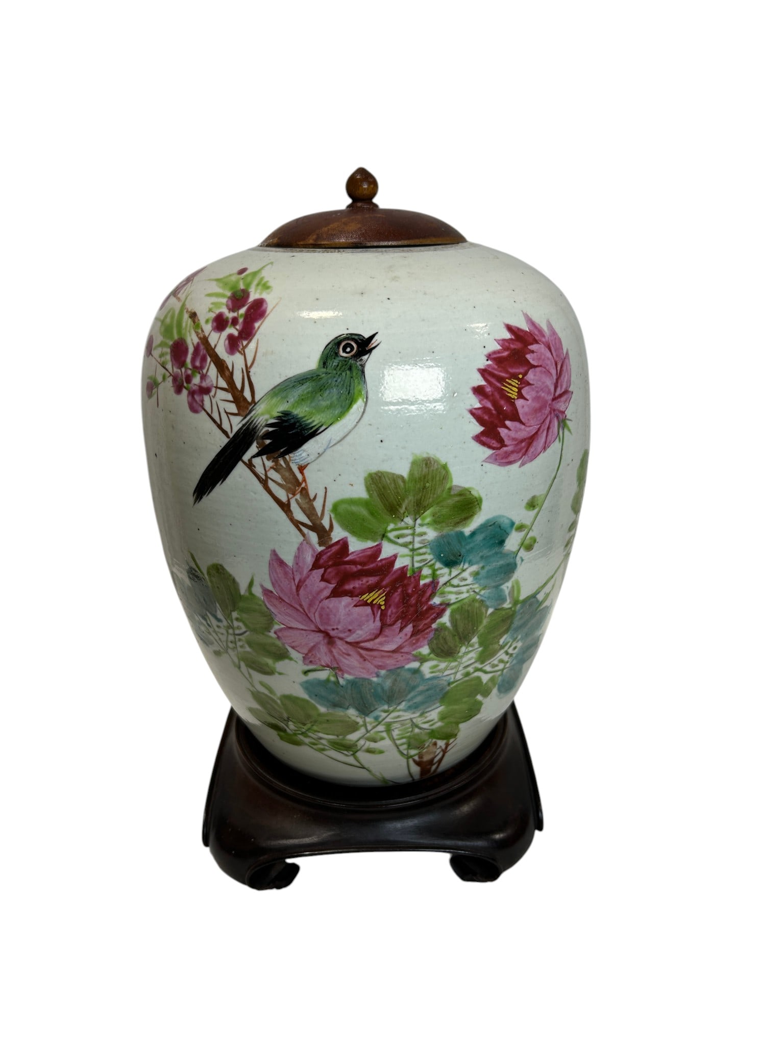 Antique 19th Century Qianjiang Cai Chinese Porcelain Ginger Jar with Bird & Lotus Decoration: A beautiful Antique 19th Century Qianjiang Cai Chinese porcelain ginger jar featuring finely hand-painted bird and lotus flower decoration on a soft ivory porcelain ground. This elegant ceramic jar sh