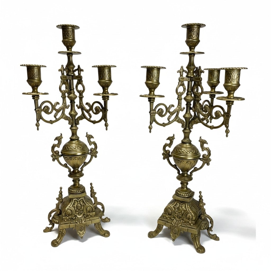 Pair of Antique Rococo Revival Baroque-Style Brass & Marble 5-Arm Candelabras: An elegant pair of antique Rococo Revival Baroque-Style Brass & Marble 5-Arm Candelabras featuring richly detailed scrolling arms, ornate decorative motifs, and finely cast architectural bases. These 