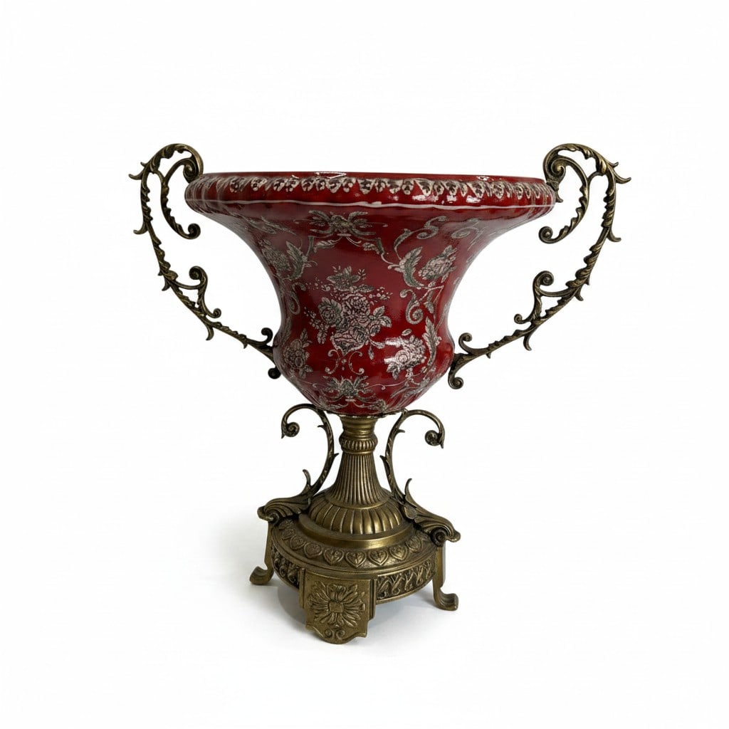 Antique French Art Nouveau Red Opaline Glass Centerpiece Urn with Bronze Mounts: An exceptional antique French Art Nouveau centerpiece urn featuring richly colored red opaline glass accented with ornate gilt bronze mounts and elegant scrolling handles. This striking decorative cen