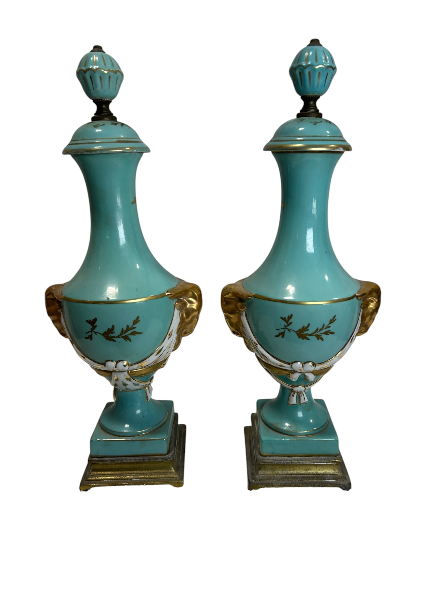 Pair of 19th Century French Sevres Style Porcelain Decorative Urns Gold Enamel & Bronze Base: An elegant pair of 19th Century French Sevres style porcelain decorative urns with gold enamel decoration, featuring a beautiful turquoise celeste blue finish accented with delicate gilt detailing and