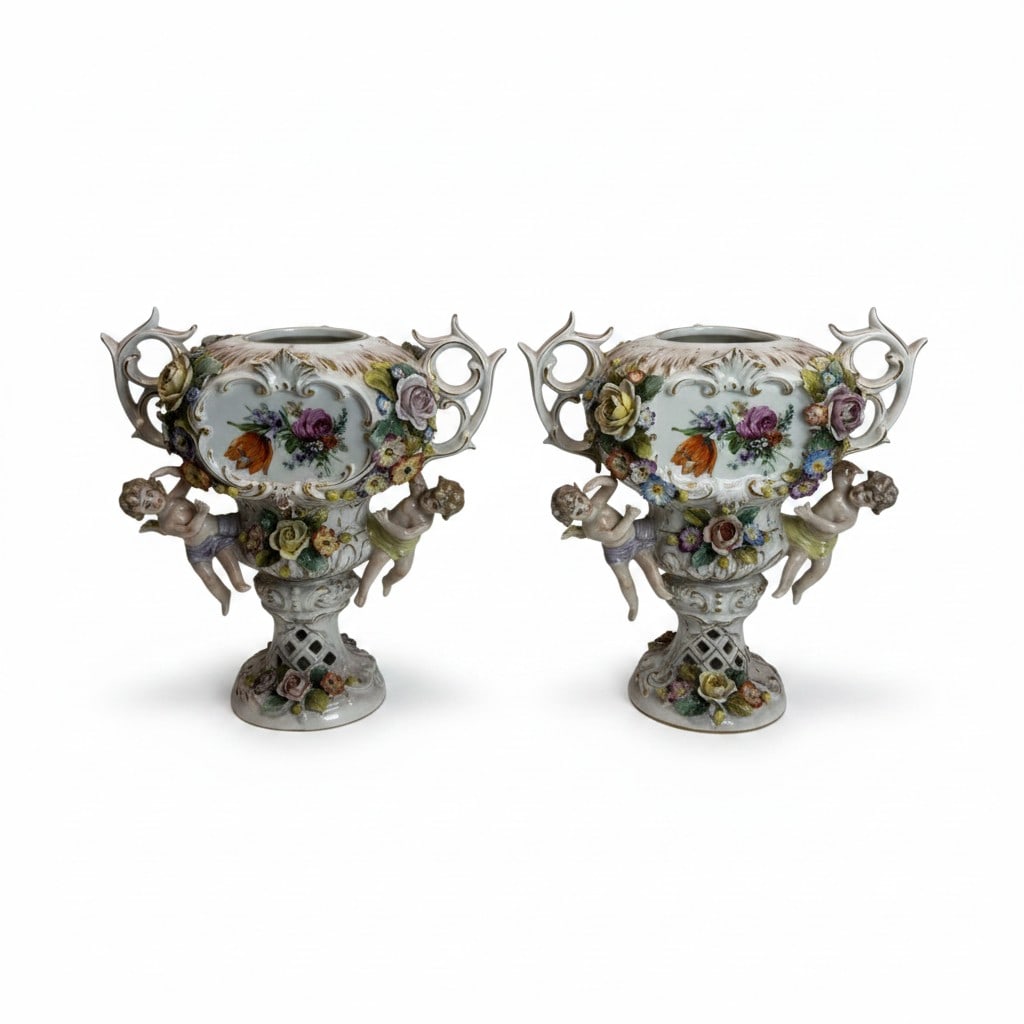 Pair of Late 19th Century Capodimonte Porcelain Cherub Urns with Applied Floral Decoration (1 of 20)