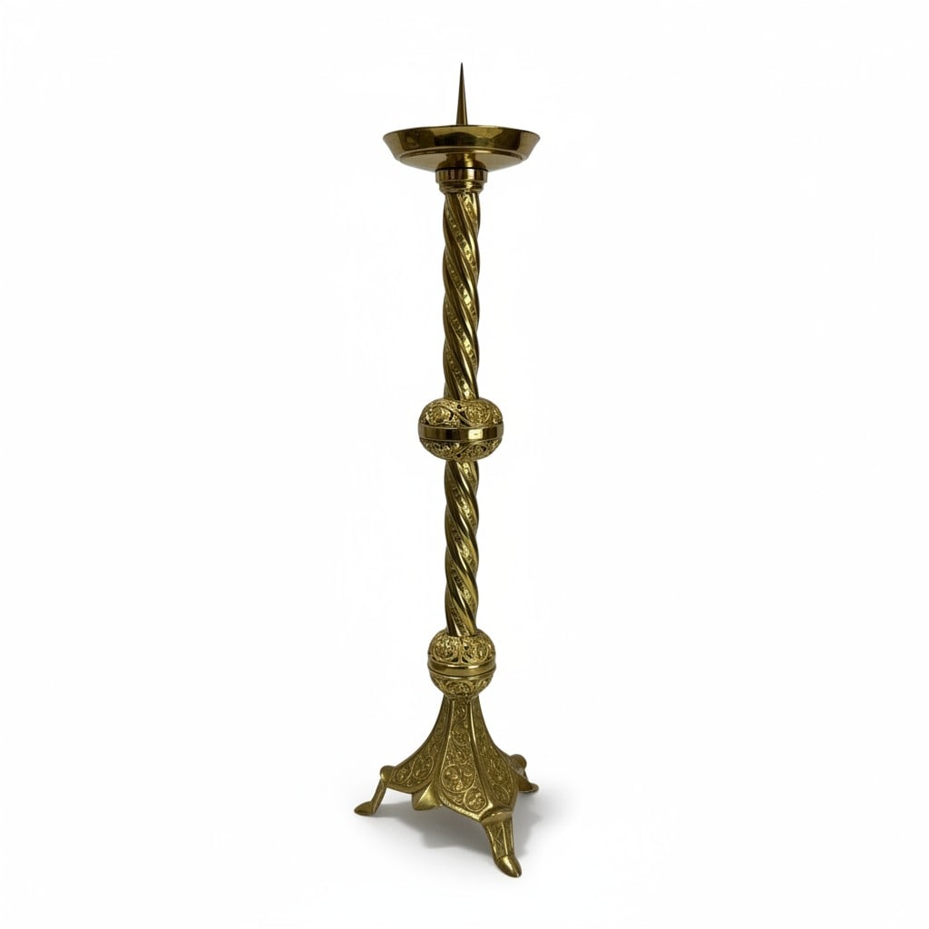Large Antique 1860 Victorian Brass Barley Twist Candlestick with Engraved Decoration (1 of 11)