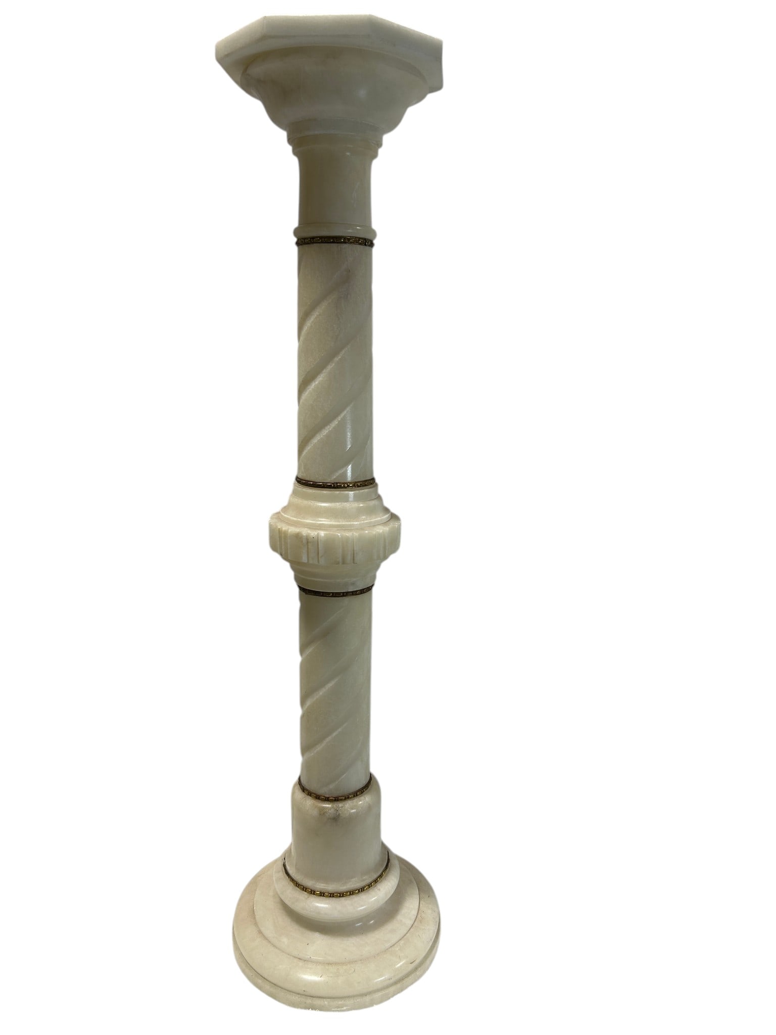 Large Antique Victorian Alabaster Barley Twist Pedestal Column Stand: An elegant large antique Victorian alabaster pedestal column stand featuring a beautifully carved barley twist shaft with refined neoclassical styling and architectural form. This sophisticated decora