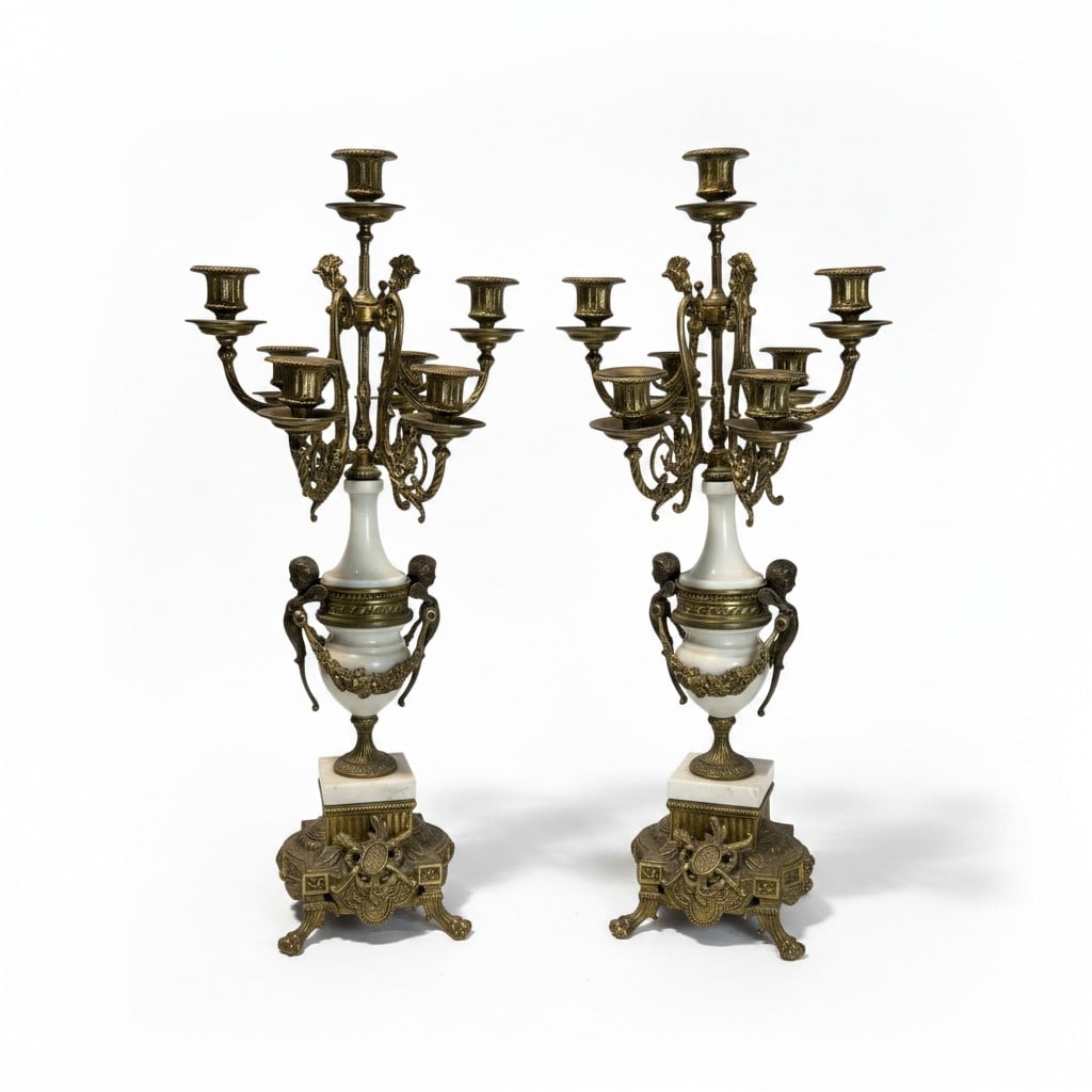 Pair of 19th Century Antique French Cherub Louis XVI Bronze & White Marble 5-Arm Candelabras (1 of 20)