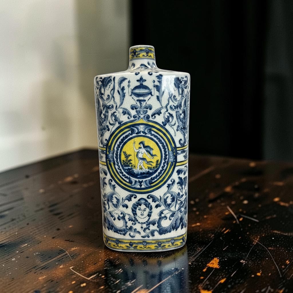 Antique Wong Lee Italian Majolica Faience Blue & Yellow Neo-Classical Mythological Figural Vase: his impressive Wong Lee Italian Majolica faience vase features richly detailed blue and yellow hand-painted decoration inspired by Renaissance and Neo-Classical ornamental motifs. The rectangular bott