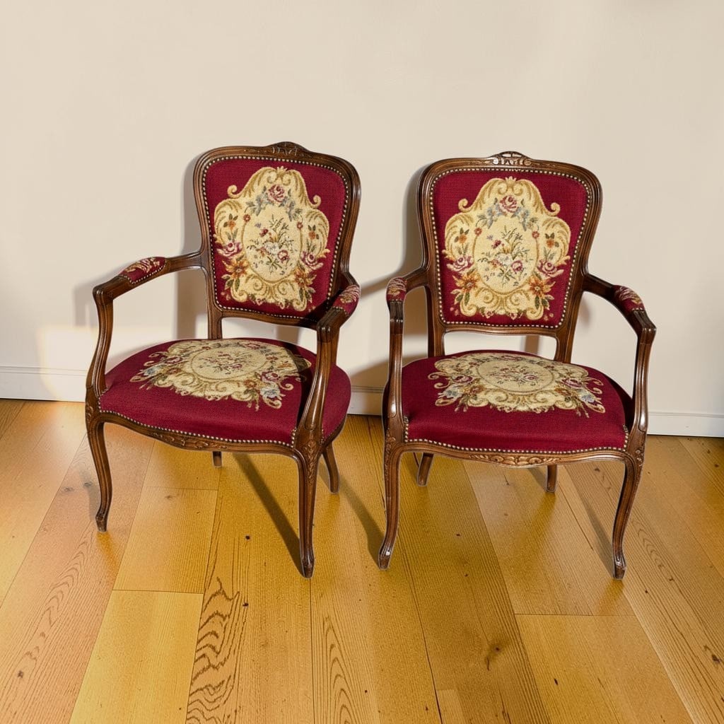 Pair of Antique French Louis XV Style Provincial Burgundy Needlepoint Tapestry Bergere Walnut Armcha (1 of 20)