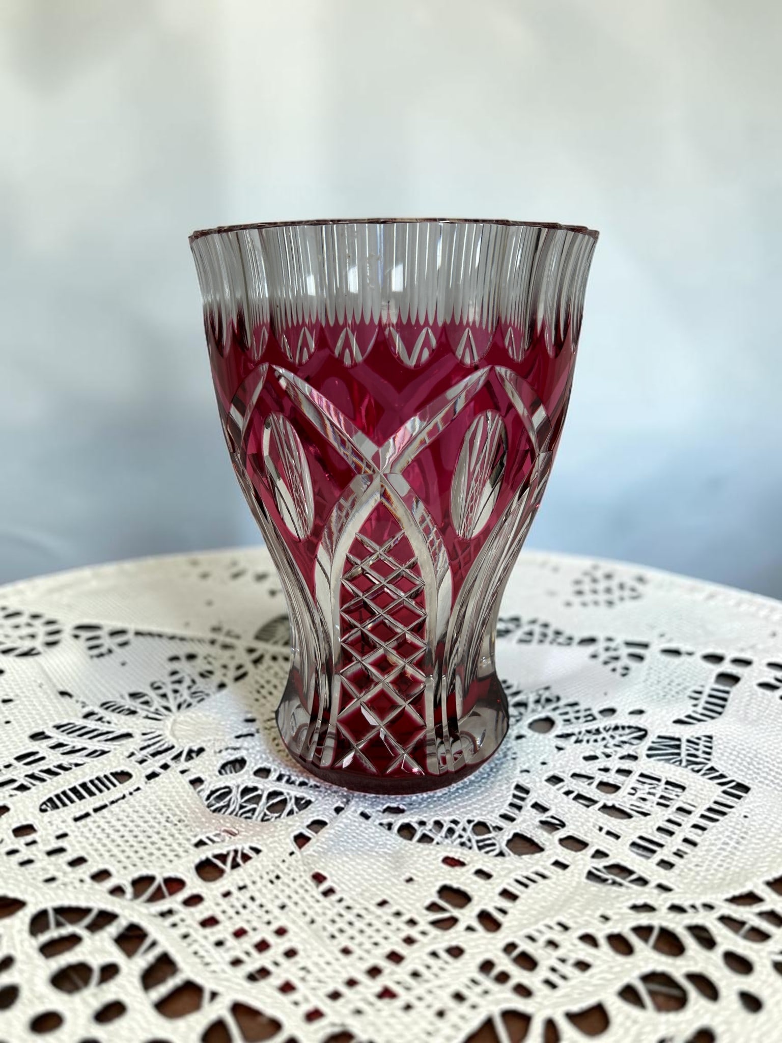Signed VAL SAINT LAMBERT Cranberry Cut Crystal Glass Vase, 1950s Belgian Art Glass (1 of 15)