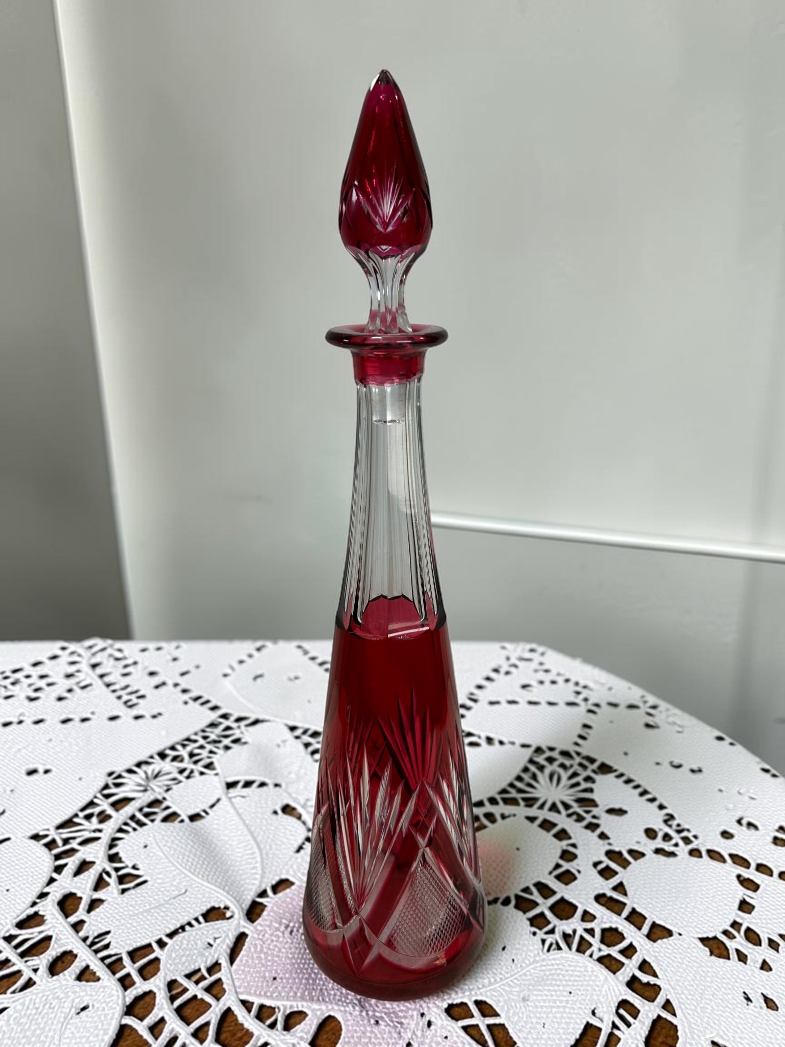 Signed VAL SAINT LAMBERT Cranberry Cut Crystal Carafe Decanter, 1950s Belgian Art Glass (1 of 13)