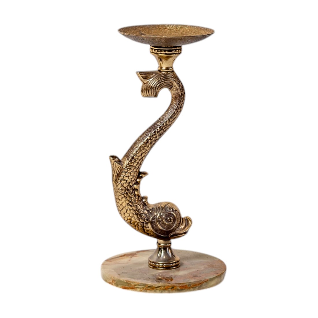 Elegant Mid Century Century French Bronze Koi Fish Candlestick or Ashtray with Onyx Marble Base: This stunning Mid Century French bronze candlestick or ashtray features an intricately detailed koi fish design, symbolizing prosperity and good fortune. Resting on a luxurious onyx marble base, it ex