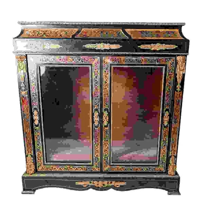 Antique 19h Century Napoleon III Style Boulle Side Vitrine Cabinet with Gilt Brass Ornate with Key: This stunning Napoleon III style Boulle 2-door side cabinet is a fine example of 19th-century French craftsmanship. It features a rectangular variegated marble top above a cushion-molded frieze adorne