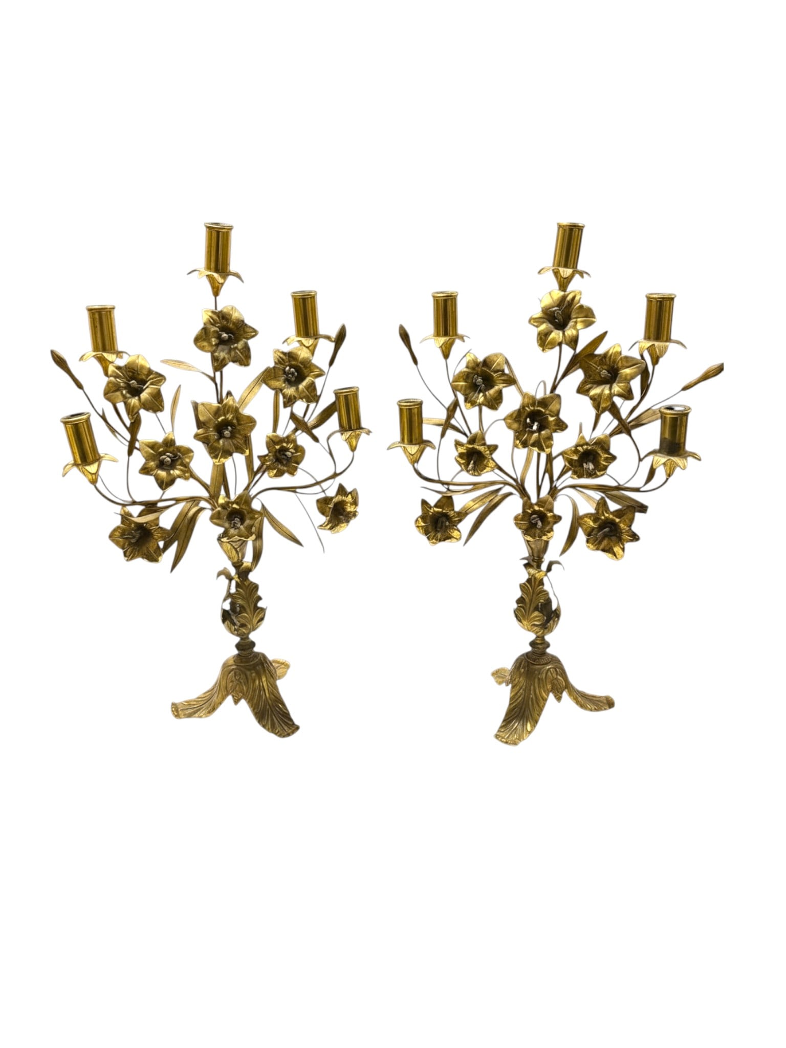 Pair of 19th Century French Gilt-Brass Candelabra Ornate Five-Light Floral Candle Holders: This exquisite pair of 19th Century French gilt-brass candelabras features elegant five-light floral arms and richly cast Rococo-inspired detailing. Standing 22 inches (55.88 cm) in height and measuri