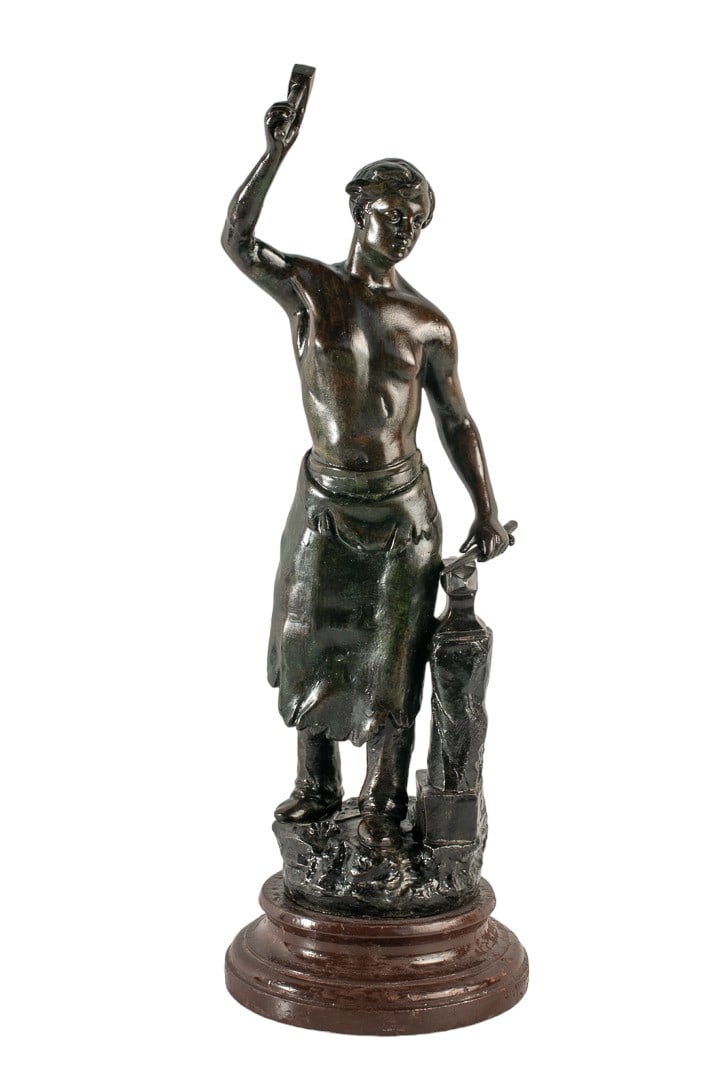 Antique English 19th Century Bronze Blacksmith Figure Signed Belim: Introducing a signed Belim, English 19th Century Bronze Blacksmith Figure, a captivating masterpiece that embodies the craftsmanship of the era. Standing at 21.25 inches tall with dimensions of 7.0" w