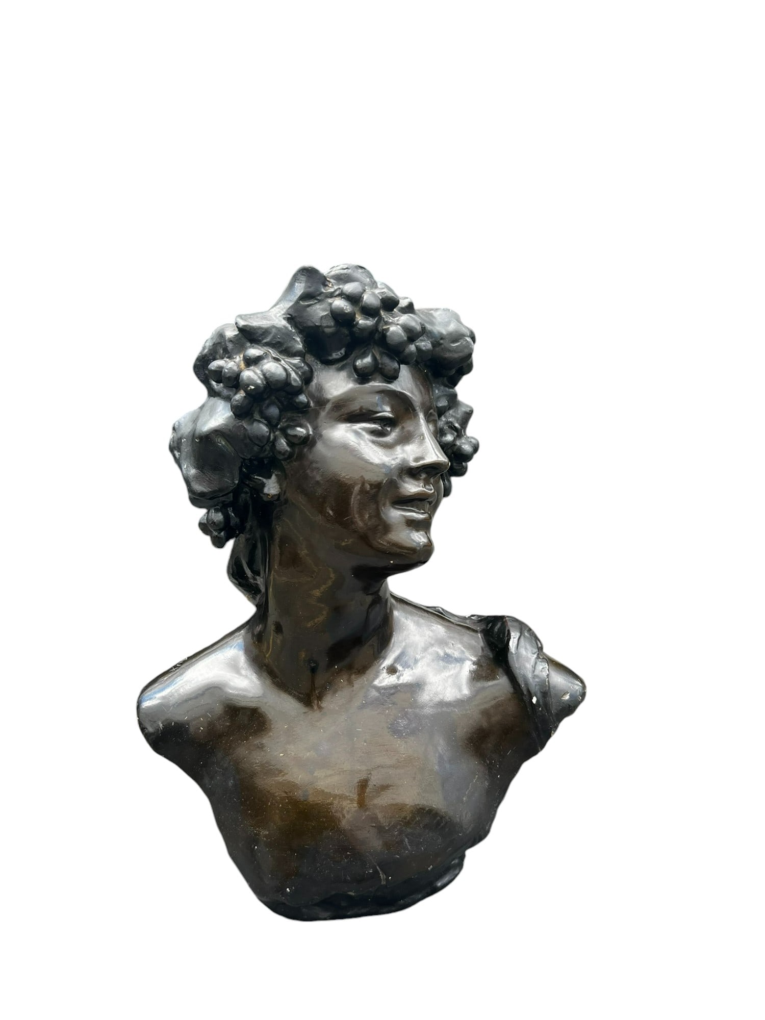 Original Jef Lambeaux (1852-1908), Bronze Patina Bust of a Woman with a Grape Wreath - SIGNED: This exquisite "signed" bronze patina bust by renowned Belgian sculptor Jef Lambeaux (1852-1908) captures the beauty of a woman adorned with a delicate grape wreath. Known for his expressive detail, L