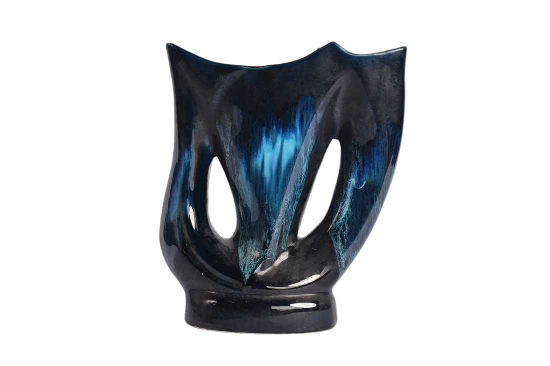 Mid Century Vallauris Ceramic Blue Black Swirl Vase: Mid 20th Century Ceramic Blue Black Swirl Vase. This exquisite piece captures the essence of mid-century design with its striking swirl pattern and vibrant colors. Standing at 12.75 inches in height, 