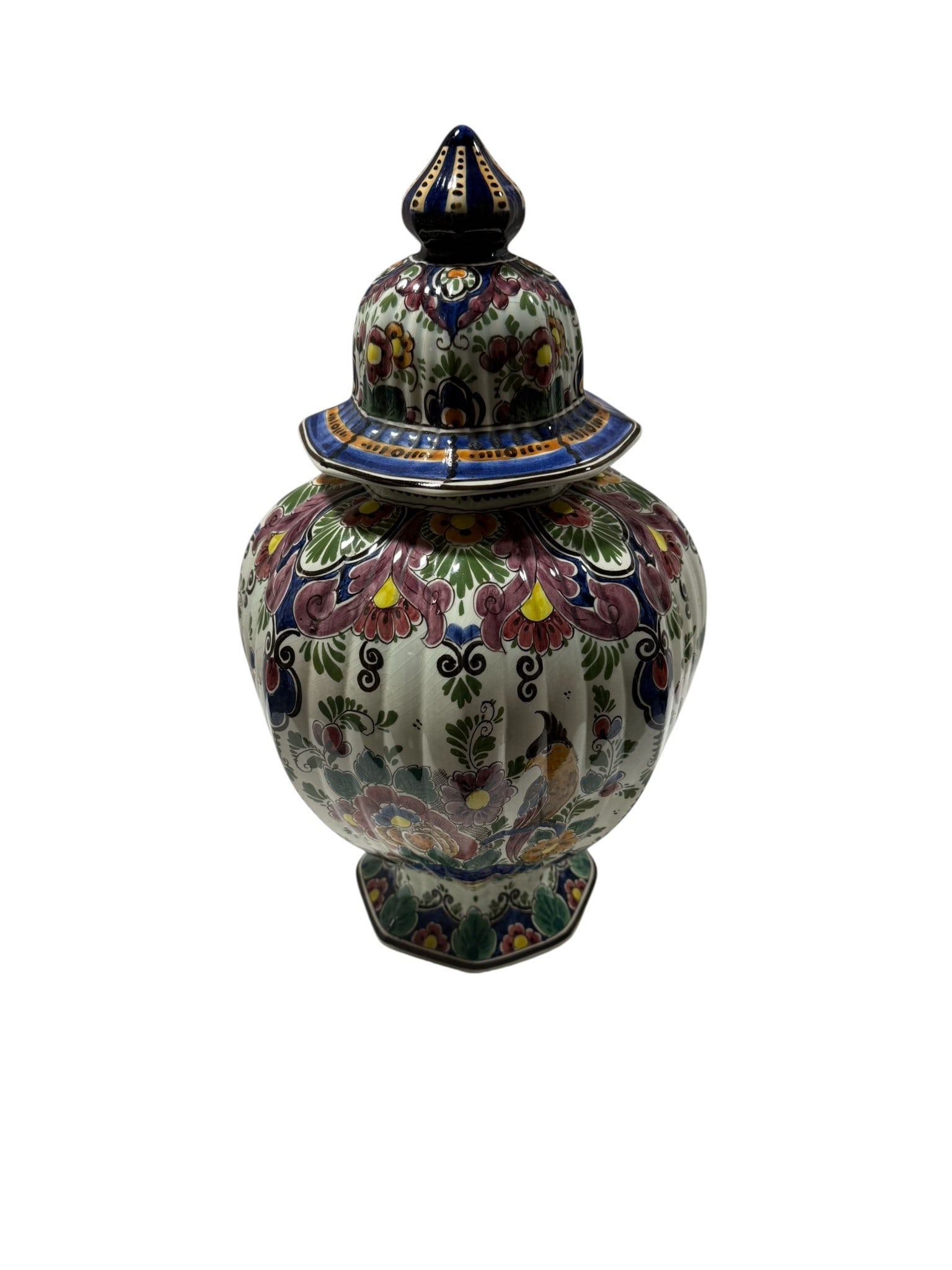 Vintage Delfts Polychrome Urn Large Hand-Painted Delft Ginger Jar with Lid Holland: This beautiful Vintage Delft Polychrome Urn features vibrant hand-painted Dutch motifs and a classic ginger jar form with a matching lid, showcasing the timeless charm and craftsmanship associated wit