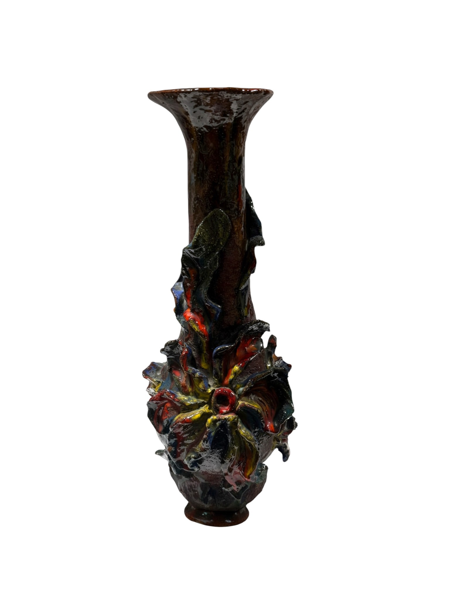 Art Nouveau Stoneware Vase After Pierre-Adrien Dalpayrat Style, Glazed Ceramic, Signed: This exceptional Art Nouveau stoneware vase, inspired by the stylistic work of Pierre-Adrien Dalpayrat, features richly flowing organic glaze effects and beautifully sculpted floral detailing characte