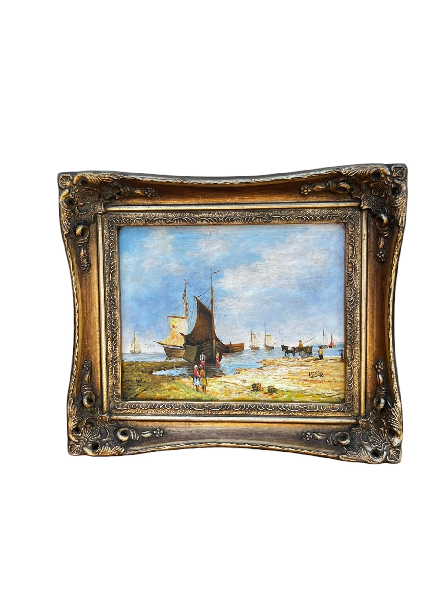 Vintage Oil on Canvas "Sailing Ships" Roc Bros Carvers Gilders Baroque painting, Signed by Rilla: This vintage antique oil on canvas, titled "Sailing Ships" and signed by Rilla, beautifully captures a serene maritime scene. The painting is framed in a Roc Bros Carvers Gilders Baroque-style frame, 