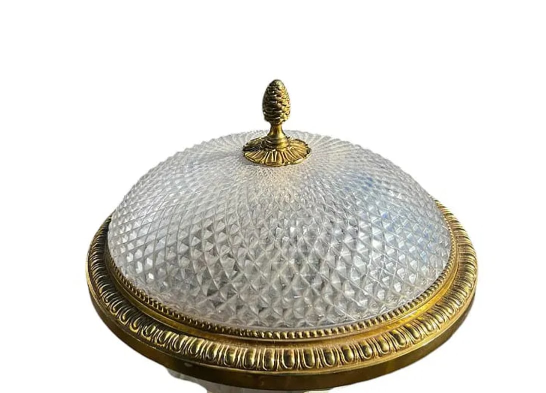 Antique French Regency Gilt Bronze & Cut Crystal Flush Mount 3 Light #2: This stunning antique French Regency gilt bronze and cut crystal flush mount light features three elegant lights, radiating sophistication and charm. With a diameter of 14" and a height of 6" (35.6 cm