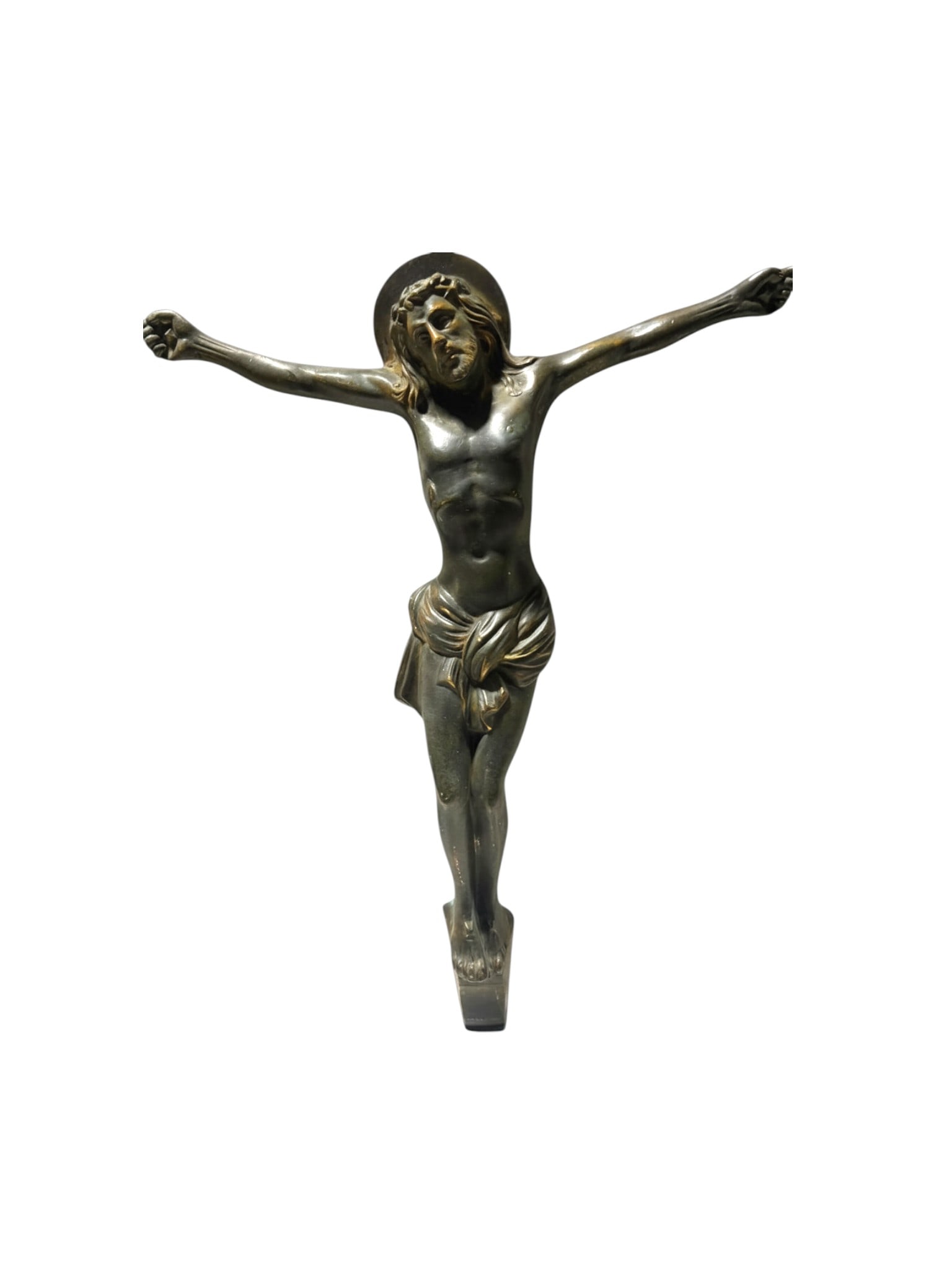 19th Century Patinated Bronze Christ on the Cross Crucifix Corpus Religious Sculpture: This 19th Century Patinated Bronze Christ on the Cross (Crucifix Corpus) is a powerful and finely detailed religious sculpture, capturing the solemn expression and graceful anatomical modeling charact